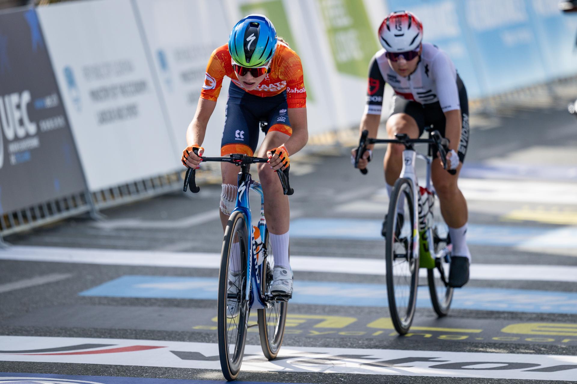 Australian Megan Arens Swiss Mara Winter are pictured in action during the Women U23 Road Race race (88,4km) at the cycling UEC Road European Championships, in Ljubljana, Slovenia Friday 2 October 2026. The UEC Road European Championships are taking place from 02 to 07 October in Ljubljana, Slovenia. BELGA PHOTO JASPER JACOBS