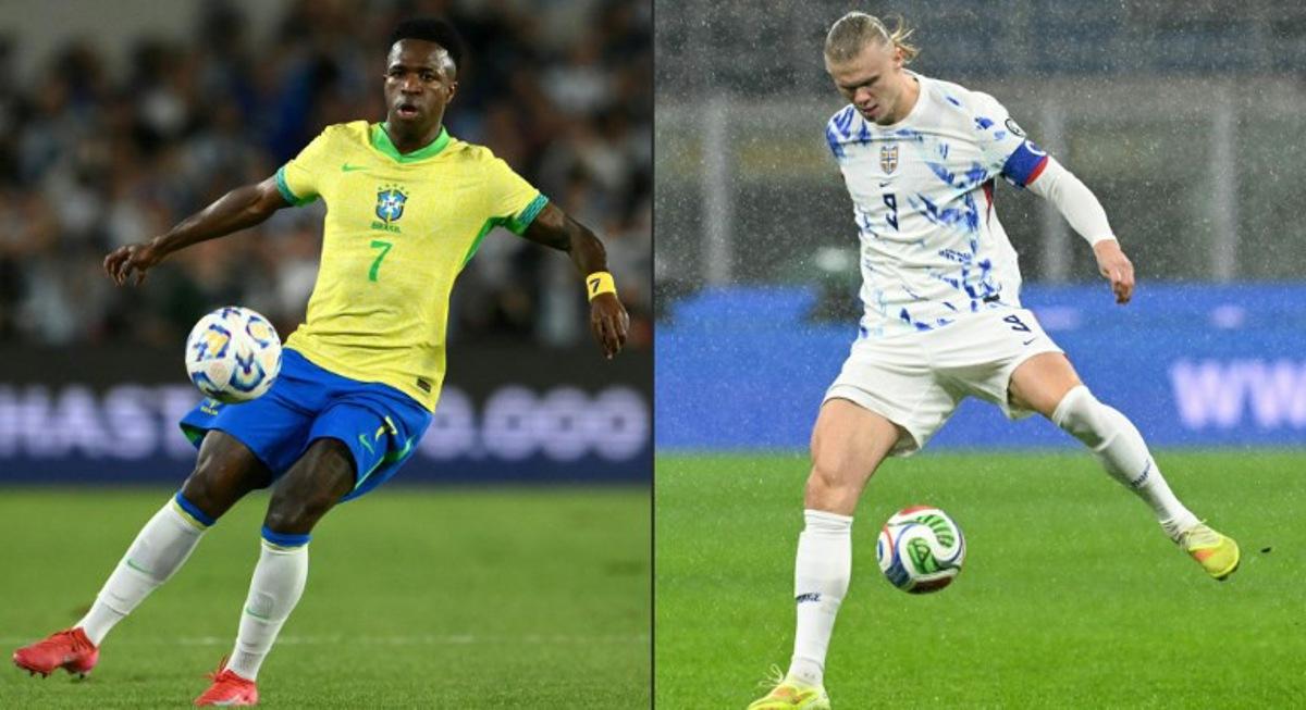 This combination of pictures created on July 03, 2026 shows Brazil's forward #07 Vinicius Jr controling the ball at the Mas Monumental stadium in Buenos Aires on March 25, 2025, and Norway's captain #09 Erling Braut Haaland controling the ball at the San Siro Stadium, in Milan, on November 16, 2025. Brazil and Norway will meet in a 2026 World Cup round of 16 football match at the New York/New Jersey Stadium in East Rutherford on July 5, 2026. Luis ROBAYO, Stefano RELLANDINI / AFP