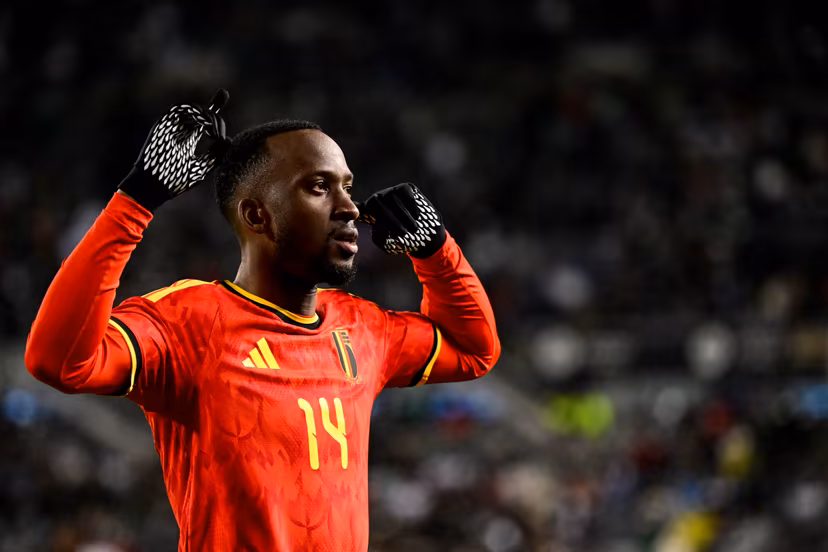 Belgium's Dodi Lukebakio celebrates after scoring during a friendly soccer game between the Mexican national team and Belgian national soccer team Red Devils in Chicago, on Wednesday 01 April 2026, in preparation for the 2026 World Cup. BELGA PHOTO DIRK WAEM