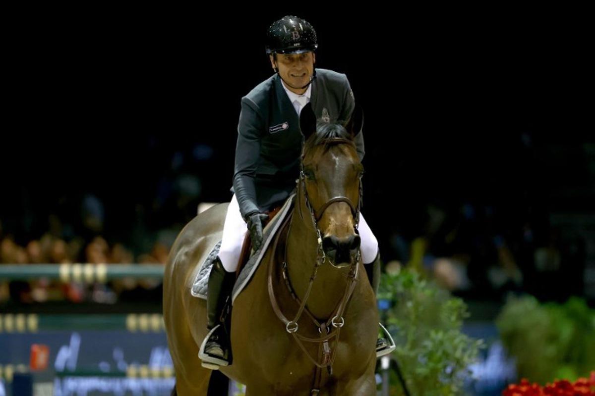 French' Julien Epaillard riding Donatello d'Auge reacts during the FEI World Cup Jumping event at the Parc des Expositions in Bordeaux, south-western France, on February 8, 2025. ROMAIN PERROCHEAU / AFP