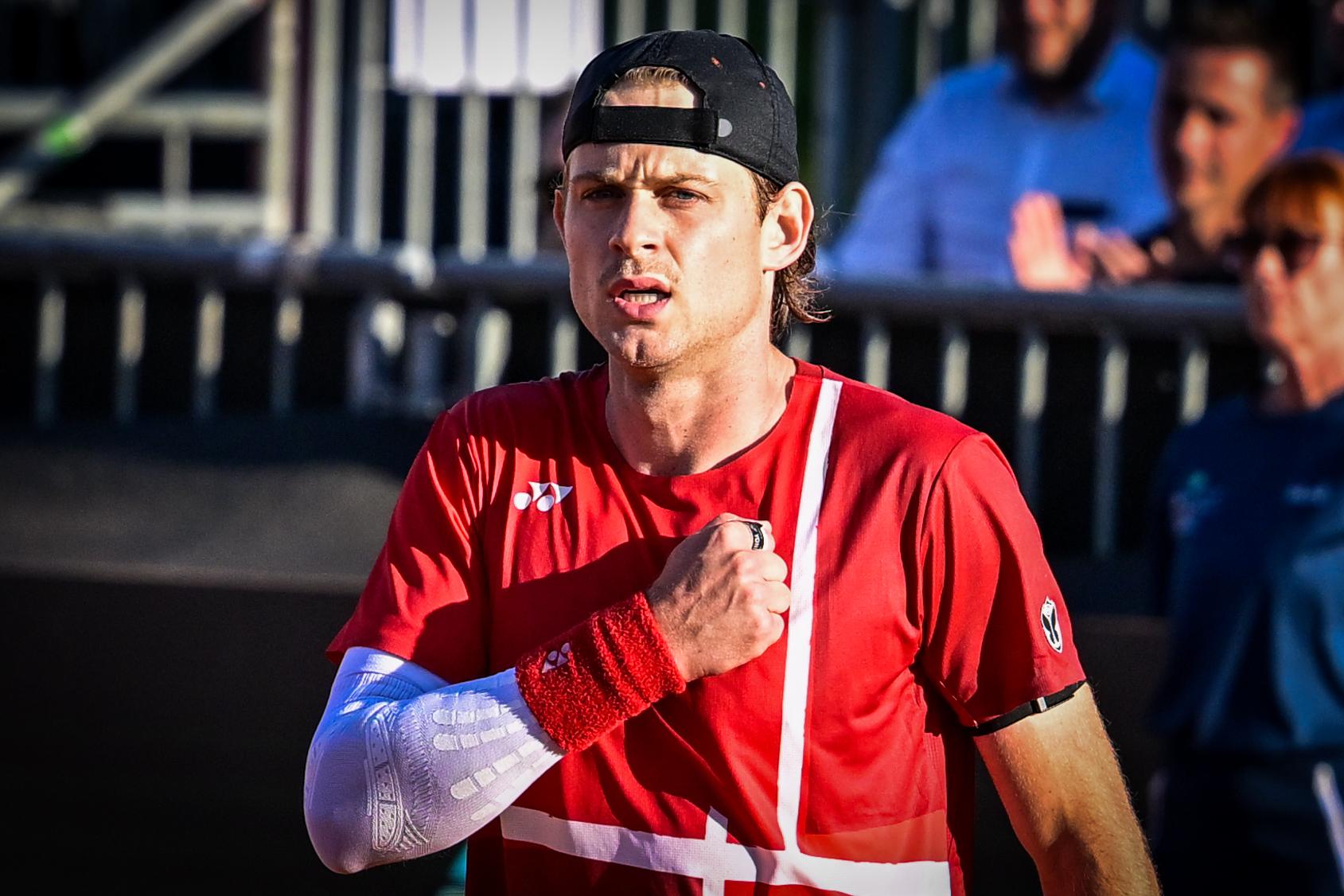 Belgian Zizou Bergs celebrates after winning a tennis match between Austrian Neumayer and Belgian Bergs, the second rubber in the tie between Austria and Belgium, qualifiers for the Davis Cup tournament, on Friday 18 September 2026 in Vienna, Austria. BELGA PHOTO DAVID PINTENS