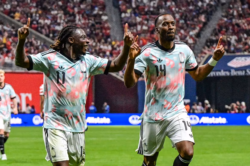 Belgium's Jeremy Doku and Belgium's Dodi Lukebakio celebrate during a friendly soccer game between the United States national team and Belgian national soccer team Red Devils in Atlanta, on Saturday 28 March 2026, in preparation for the 2026 World Cup. BELGA PHOTO DIRK WAEM