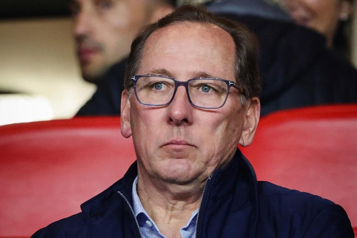 Olympique Lyonnais' (OL) US President John Textor looks on from the stands prior to the French L1 football match between AS Monaco and Olympique Lyonnais (OL) at the Louis II Stadium (Stade Louis II) in the Principality of Monaco on May 10, 2025. CLEMENT MAHOUDEAU / AFP