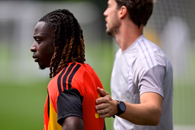 Belgium's Jeremy Doku pictured during a training session of Belgian national soccer team Red Devils in their base camp, home of the Seattle Sounders, Renton, Seattle, USA, on Friday 19 June 2026. The Red Devils prepare for their next game in the group stage of the 2026 FIFA World Cup. BELGA PHOTO DIRK WAEM