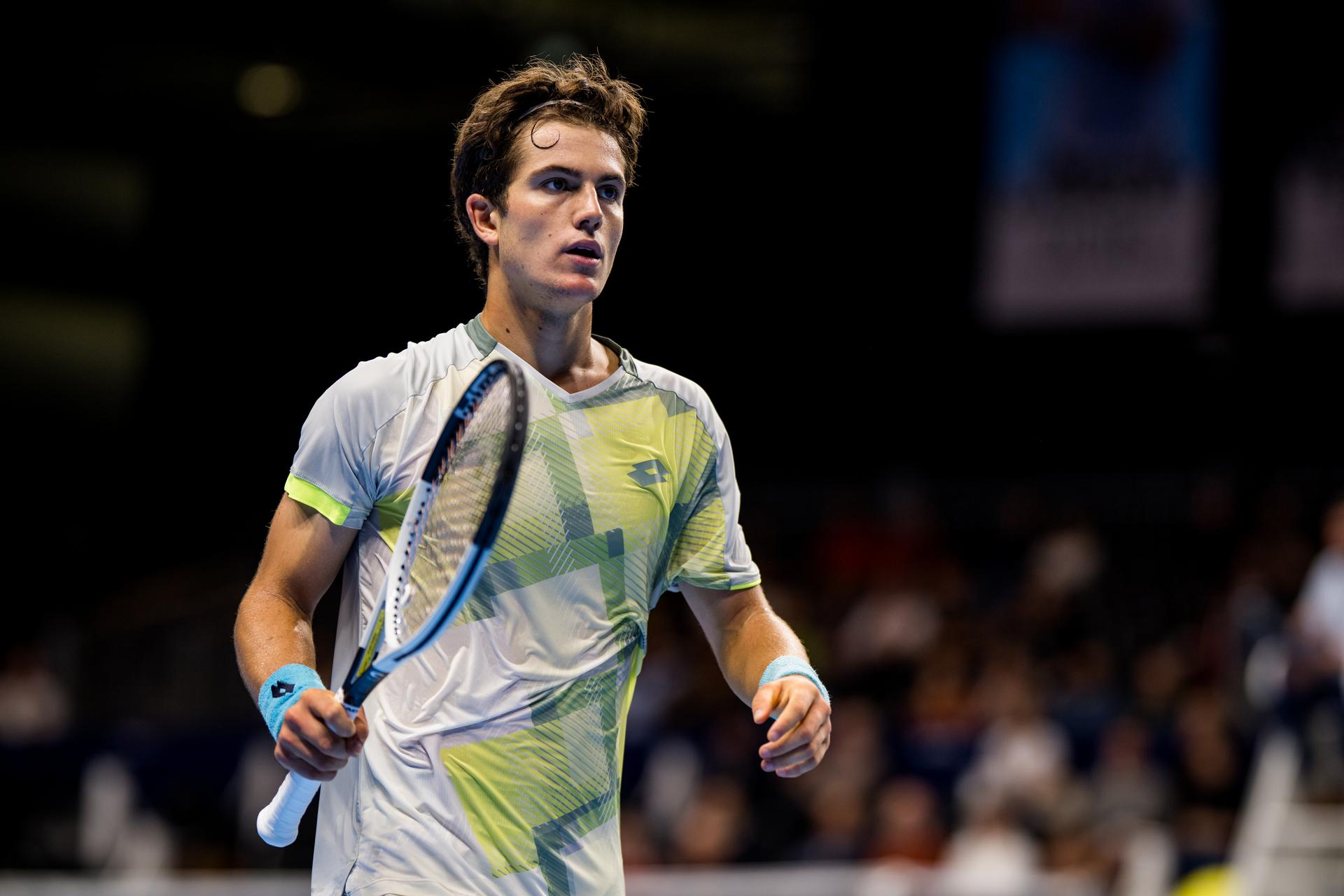 Belgian Gilles-Arnaud Bailly reacts during the European Open ATP tennis tournament in Brussels, on Tuesday 14 October 2025. This year's edition of the tournament is taking place from 12 to 19 October 2025. BELGA PHOTO JASPER JACOBS