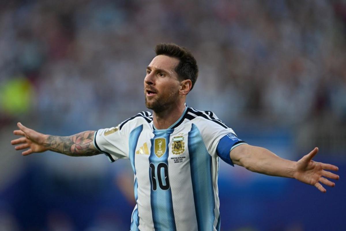 Argentina's forward #10 Lionel Messi celebrates scoring his team's first goal during the 2026 World Cup Group J football match between Argentina and Algeria at the Kansas City Stadium in Kansas City on June 16, 2026. Roberto SCHMIDT / AFP
