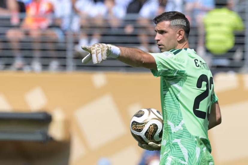 Argentina's goalkeeper #23 Emiliano Martinez gestures after making a save during the 2026 World Cup football tournament final match between Spain and Argentina at the New York/New Jersey Stadium in East Rutherford on July 19, 2026. JUAN MABROMATA / AFP
