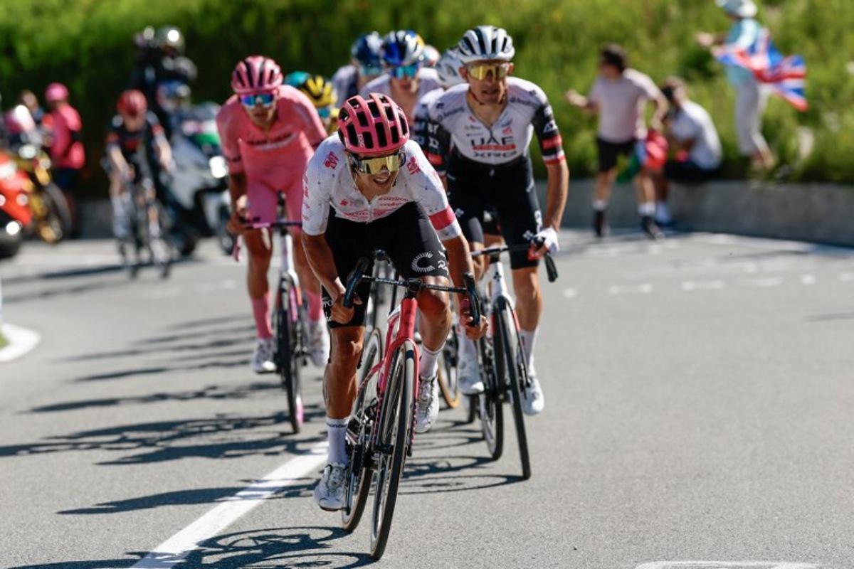 EF Education - EasyPost's Ecuadorian rider Richard Carapaz rides in the breakaway in the ascent of Col De Joux (Joux Pass) during the 19th stage of the 108th Giro d'Italia cycling race of 166kms from Biella to Champoluc on May 30, 2025. Luca Bettini / AFP