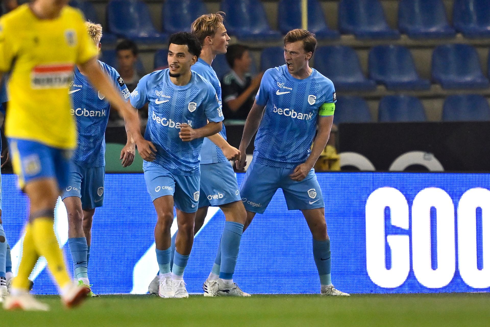 Genk's Bryan Heynen celebrates after scoring during a soccer match between KRC Genk and KVC Westerlo, Saturday 15 August 2026 in Genk, on day 2 of the 2026-2027 'Jupiler Pro League' first division of the Belgian championship. BELGA PHOTO JOHAN EYCKENS