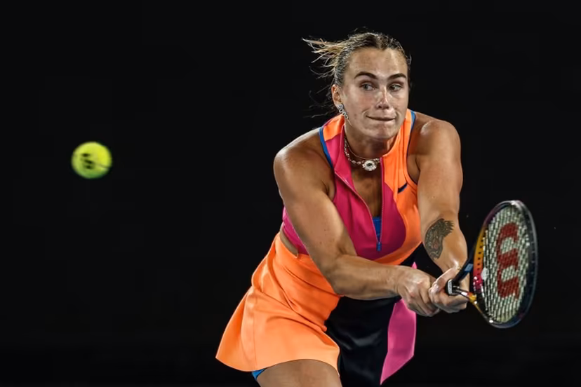 Belarus' Aryna Sabalenka hits a return against Kazakhstan's Elena Rybakina during their women's singles final match on day fourteen of the Australian Open tennis tournament in Melbourne on January 31, 2026. IZHAR KHAN / AFP