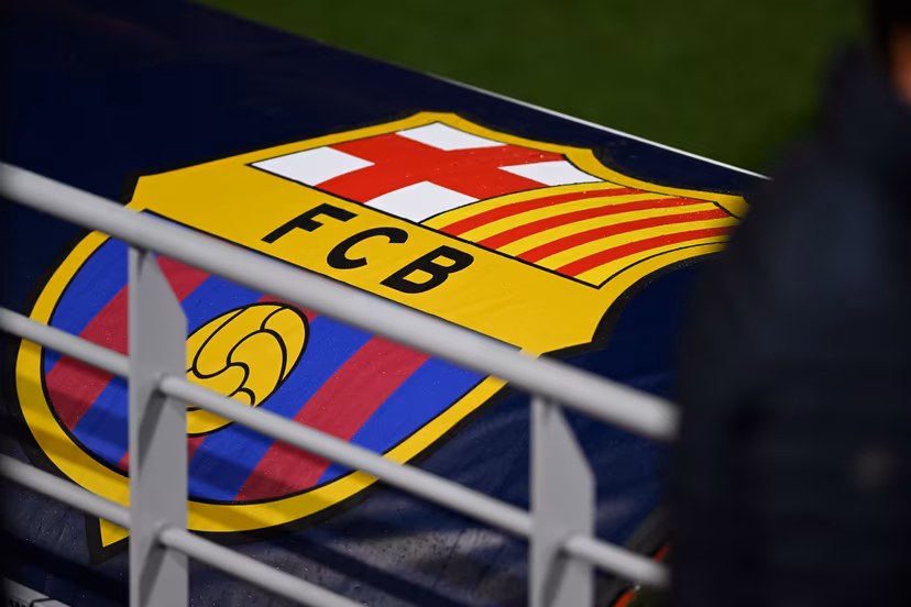 Illustration shows the logo of FCB at a training of Spanish club FC Barcelona, on Tuesday 12 December 2023 in Antwerp. The team is preparing for tomorrow's game against Belgian soccer team Royal Antwerp FC, on day six of the Champions League group stage, in group H. BELGA PHOTO TOM GOYVAERTS