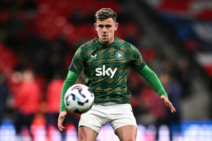 Ireland's forward #07 Sammie Szmodics focuses on the ball during the warm up ahead of the UEFA Nations League, League B - Group 2, football match between England and the Republic of Ireland at Wembley Stadium in London on November 17, 2024. Ben STANSALL / AFP