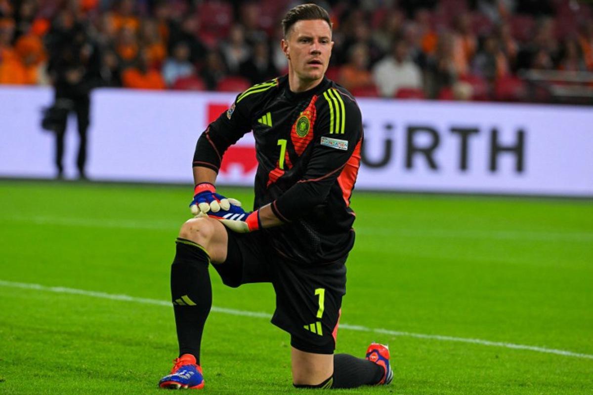 Germany's goalkeeper #1 Marc-Andre Ter Stegen looks on during the UEFA Nations League football match between Netherlands and Germany at the Johan Cruyff Arena in Amsterdam, on September 10, 2024. NICOLAS TUCAT / AFP