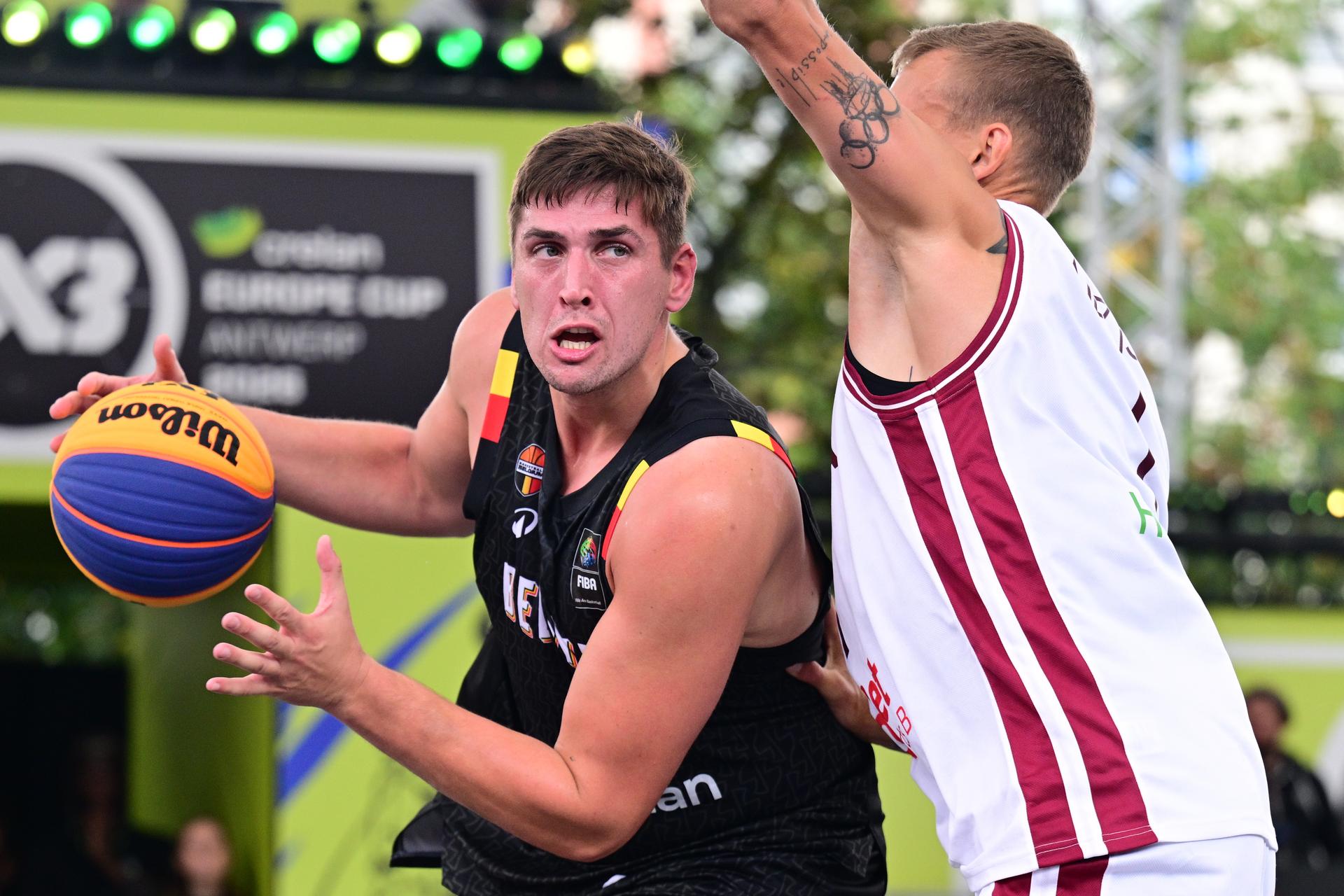 Belgium's Jonas Foerts pictured in action at a 3x3 basketball game between Latvia and Belgium, a quarter-finals game the men's FIBA 3x3 Europe Cup, on Sunday 13 September 2026 in Antwerp. BELGA PHOTO DIRK WAEM