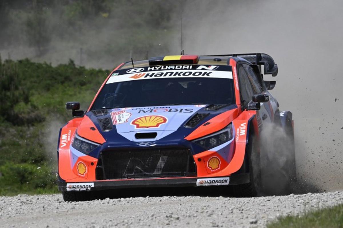 Belgian driver Thierry Neuville and co-driver Martijn Wydaeghe steer their Hyundai i20 during the SS15 stage of the World Rally Championship (WRC) Rally of Portugal in Vieira do Minho, on May 17, 2025. MIGUEL RIOPA / AFP