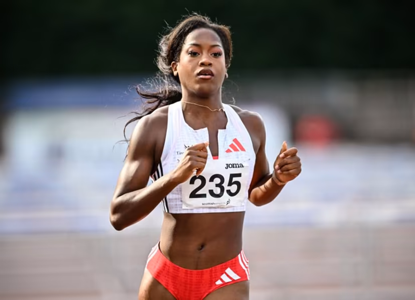 France's Cyrena Samba-Mayela reacts after competing to take fourth place in Women's 100m hurdles final at the Scottish Athletics Championships at Grangemouth Stadium, in Grangemouth, Scotland on August 24, 2025. Andy Buchanan / AFP