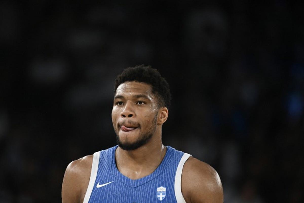Greece's #34 Giannis Antetokounmpo looks on during the men's quarterfinal basketball match between Germany and Greece during the Paris 2024 Olympic Games at the Bercy Arena in Paris on August 6, 2024. Aris MESSINIS / AFP