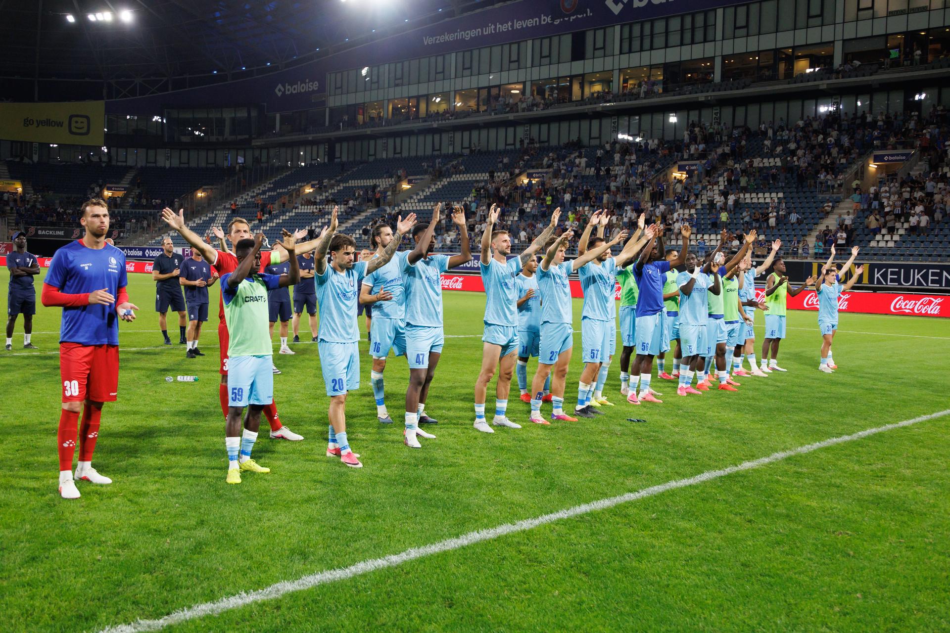 Gent's players celebrate after a game between Belgian KAA Gent and Swedish IFK Goteborg , in Gent, Belgium, on Thursday 13 August 2026, a return leg game in the third qualifying round of the UEFA Conference League competition. Gent won 0-1 the first leg. BELGA PHOTO KURT DESPLENTER