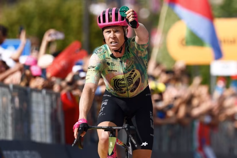 EF Education - EasyPost Danish rider Michael Valgren celebrates as he crosses the finish line to win the 17th stage of the Giro d'Italia 2026 - Tour of Italy cycling race between Cassano d'Adda and Andalo, Italy, on May 27, 2026. Luca Bettini / AFP