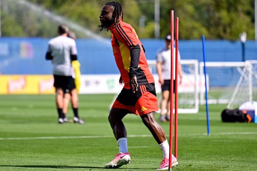 Belgium's Jeremy Doku pictured during a training session of Belgian national soccer team Red Devils, on Friday 03 July 2026 in their base camp, home of the Seattle Sounders, Renton, Seattle, USA. The Rode Duivels - Diables Rouges qualified for the knockout stage of the 2026 FIFA World Cup, where they'll meet USA in the round of 16 on July 7th. BELGA PHOTO DIRK WAEM