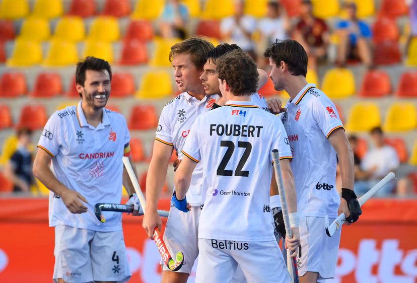 Belgium's Alexander Hendrickx celebrates after scoring during a hockey game between Belgian national team Red Lions and The Netherlands, Saturday 27 June 2026 in Wavre, match 15/16 in the group stage of the men's FIH Pro League competition. BELGA PHOTO JOHN THYS