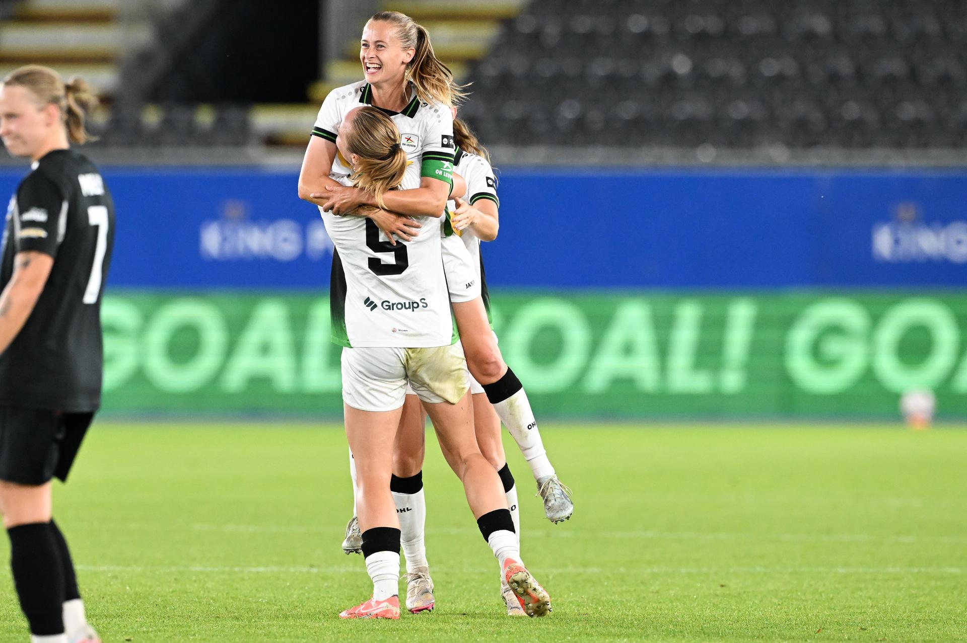 OHL's Julie Biesmans celebrates after scoring during a game between Oud-Heverlee Leuven Women and Poland women team Czarni Sosnowiec, Wednesday 2 September 2026 in Leuven, a return leg in the third round qualification game in the UEFA Women's Champions League. OHL Women won 1-4 the first leg. BELGA PHOTO JILL DELSAUX