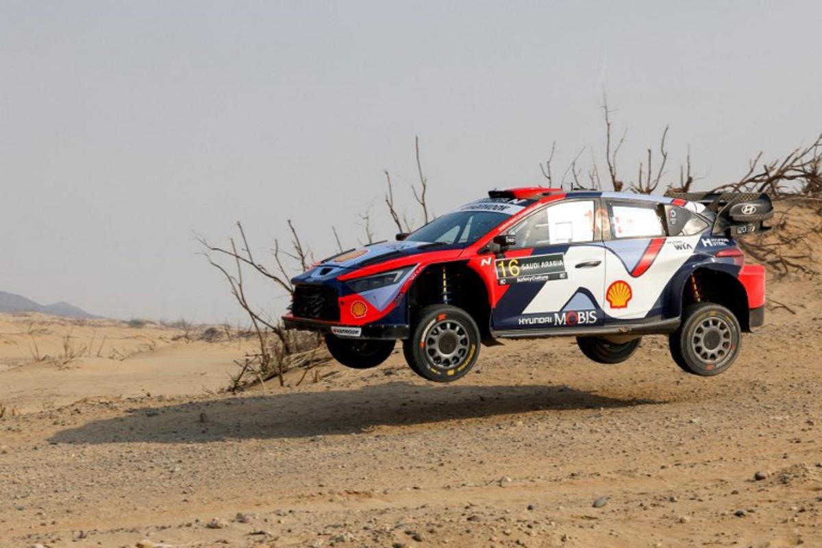 France's Adrien Fourmaux and his co-driver Alexandre Coaria compete in their Hyundai shell Mobis World Rally 1 during stage 5 of the FIA World Rally Championship (WRC) in Jeddah on November 27, 2025. Fayez Nureldine / AFP