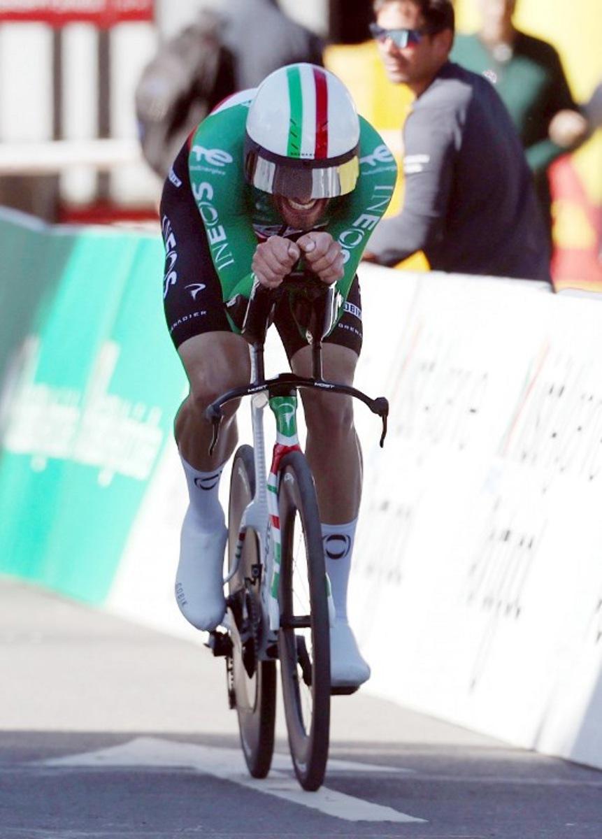 INEOS Grenadiers Italian cyclist Filippo Ganna competes in the stage 3 of the Algarve Tour, a time trial run in Vilamoura on February 20, 2026. João Matos / AFP