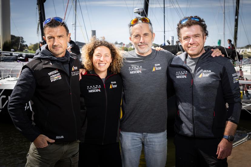 ATTENTION EDITORS - HAND OUT PICTURES - EDITORIAL USE WITH STORY ON JONAS GERCKENS AND HIS BOAT THE 187 VOLVO/CURIUM ONLY - MANDATORY CREDIT VINCENT OLIVAUD - xxx Hand out pictures released on Tuesday 30 April 2024 by Jonas Gerckens, shows undated picture of Jonas Gerckens and his team member Renaud Dehareng, Djemila Tassin and Corentin Douguet near the 187 Volvo/Curium sailing ship of Belgian skipper Jonas Gerckens. Gerckens and his team will participate in the Transat Quebec Saint-Malo in June-July 2024. HAND OUT - JONAS GERCKENS