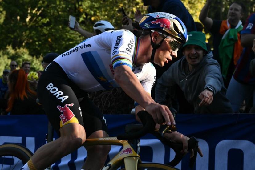 Red Bull-Bora-Hansgrohe's Belgian rider Remco Evenepoel competes in the 120th edition of the Giro di Lombardia (Tour of Lombardy) between Bergamo and Como on October 10, 2026. Marco BERTORELLO / AFP