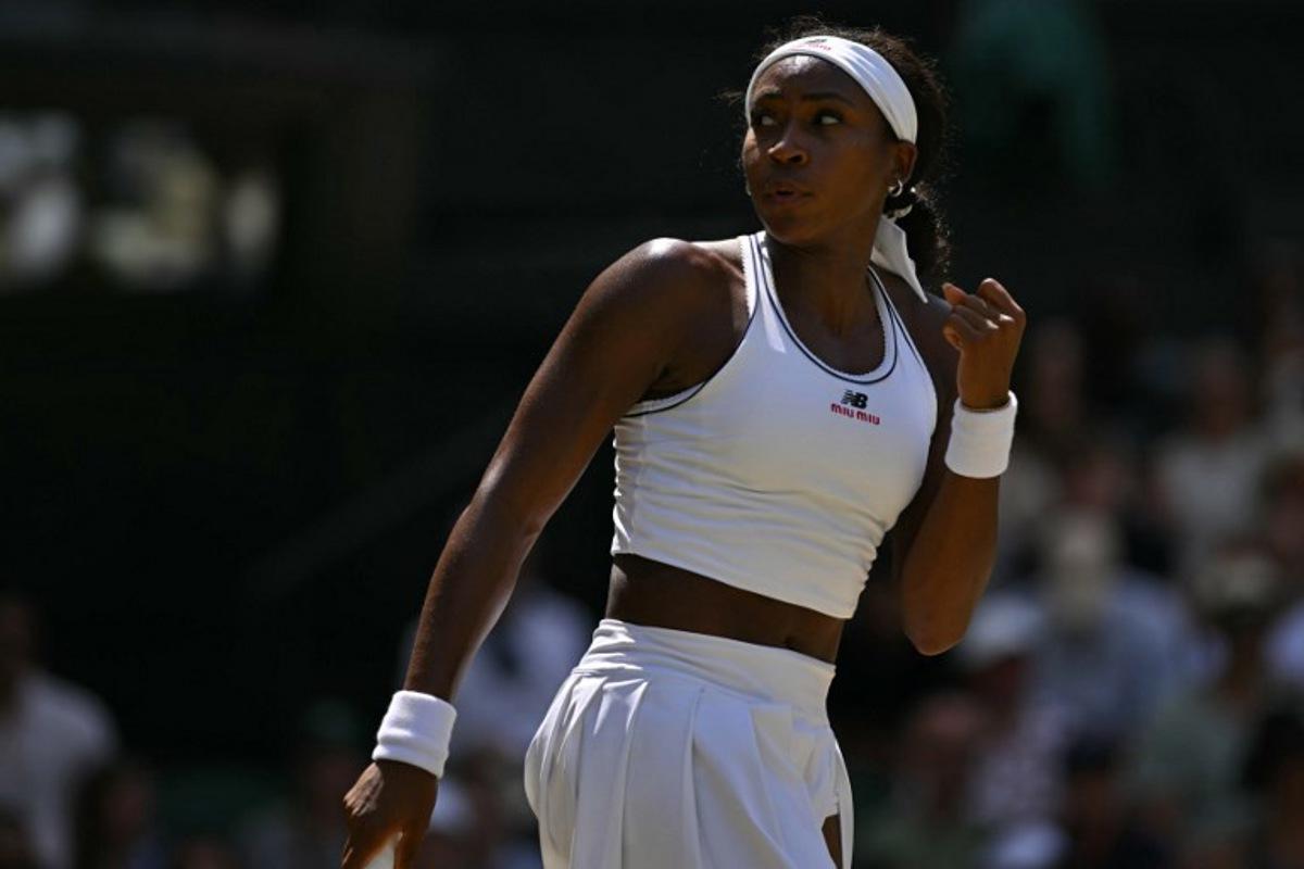 US player Coco Gauff reacts against US player Jessica Pegula during their women's singles quarter-final tennis match on the ninth day of the 2026 Wimbledon Championships at The All England Lawn Tennis and Croquet Club in Wimbledon, southwest London, on July 7, 2026. Glyn KIRK / AFP
