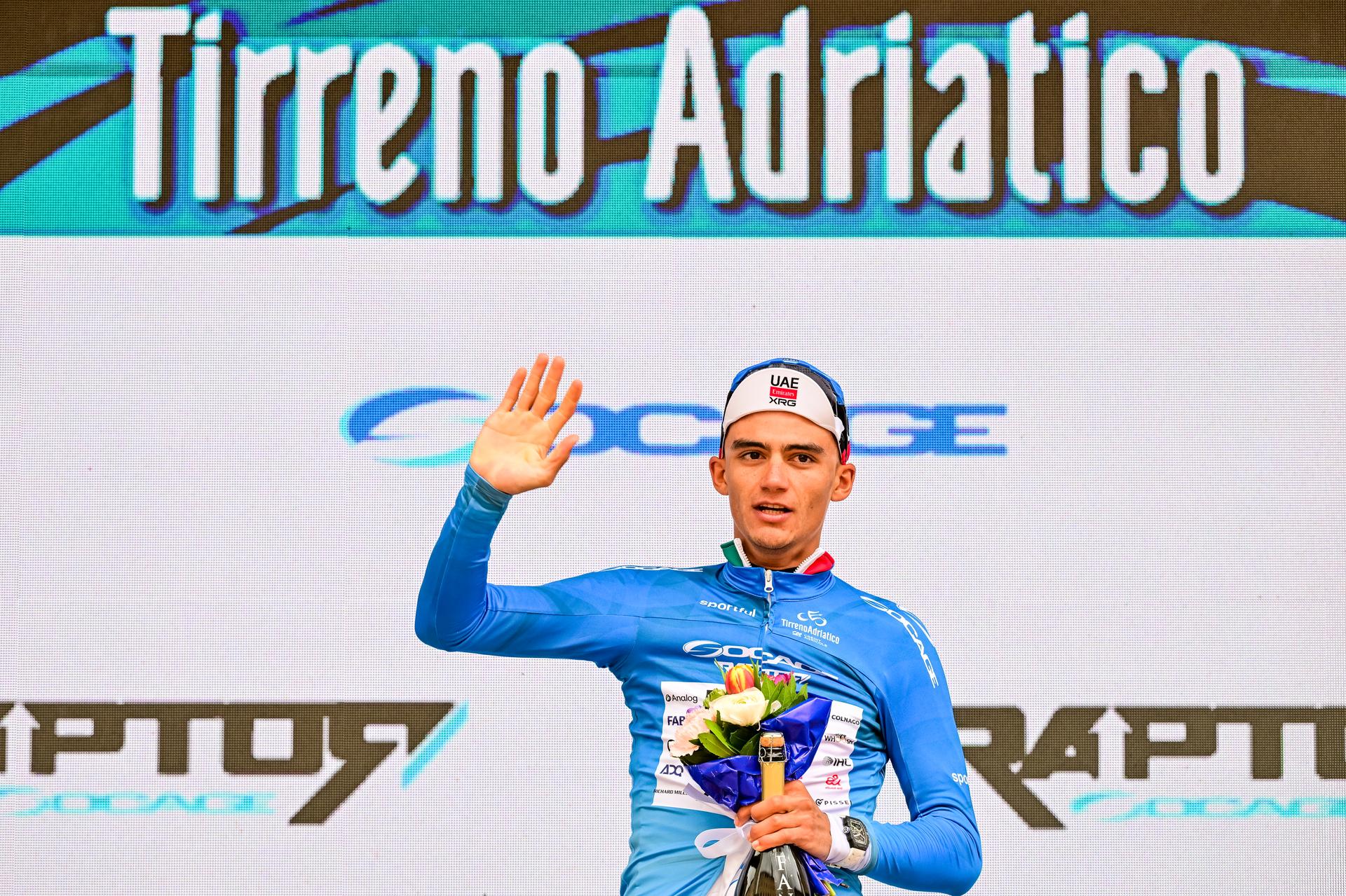 Mexican Isaac Del Toro of UAE Team Emirates-XRG pictured on the podium after the second stage of the Tirreno-Adriatico cycling race, from Camaiore to San Gimignano (206 km), Italy, Tuesday 10 March 2026. BELGA PHOTO DIRK WAEM