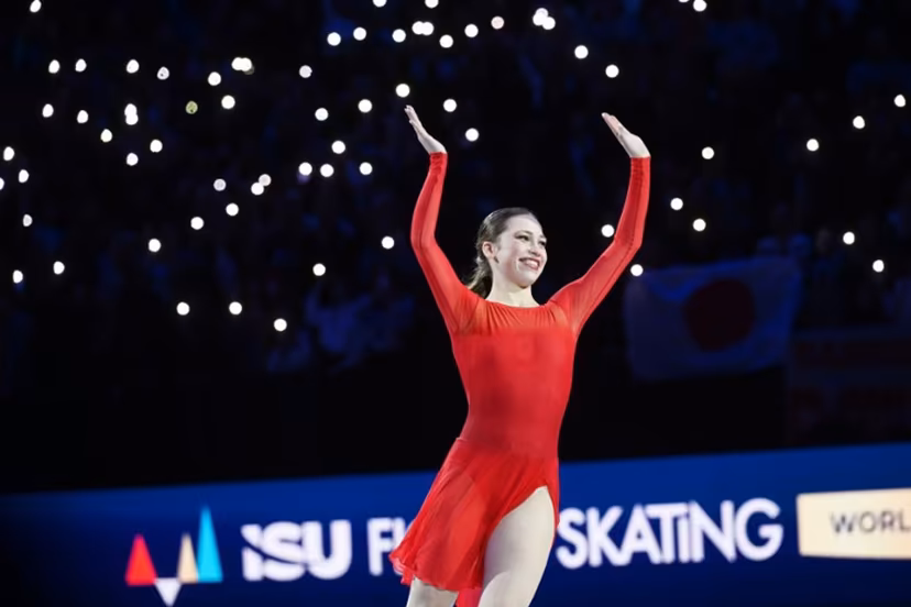 Bronze-medal winner Belgium's Nina Pinzarrone celebrates after winning the women's free skating program of the 2026 ISU Figure Skating World Championships in Prague, Czech Republic on March 27, 2026. Michal Cizek / AFP