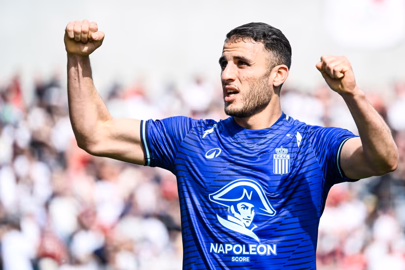 Charleroi's Yacine Titraoui celebrates after scoring during a soccer match between Royal Antwerp FC and Sporting Charleroi, Sunday 10 May 2026 in Antwerp, on the seventh day of the Europe Play-offs (PO2) of the 2025-2026 'Jupiler Pro League' first division of the Belgian championship. BELGA PHOTO TOM GOYVAERTS