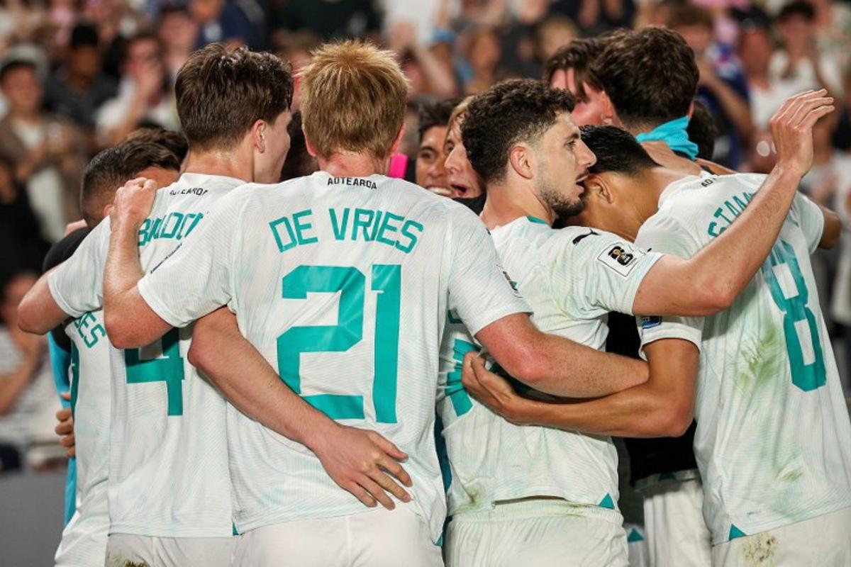 New Zealand's players celebrate a goal during the FIFA World Cup 2026 Oceania qualifiers group final football match between New Zealand and New Caledonia at Eden Park Stadium in Auckland on March 24, 2025. DAVID ROWLAND / AFP