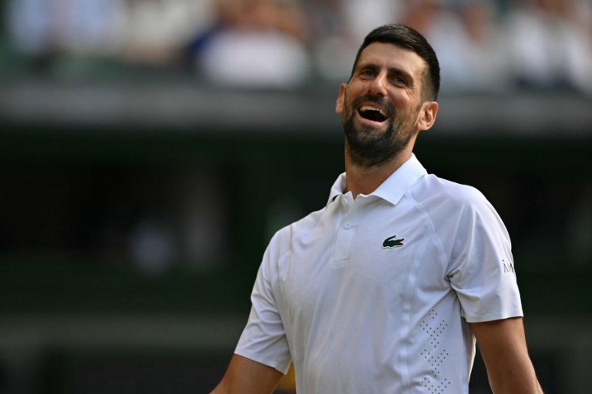 Serbia's Novak Djokovic reacts against Canada's Felix Auger-Aliassime during their men's singles quarter-final tennis match on the ninth day of the 2026 Wimbledon Championships at The All England Lawn Tennis and Croquet Club in Wimbledon, southwest London, on July 7, 2026. Glyn KIRK / AFP
