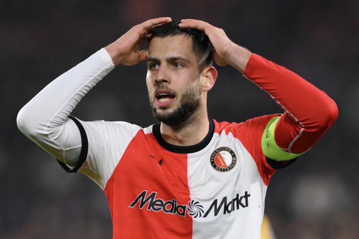 Feyenoord's Slovakian defender #33 David Hancko reacts during the UEFA Champions League round of 16 first leg football match between Feyenoord (NED) and Inter Milan (ITA) at the Feyenoord Stadium known as De Kuip stadium, in Rotterdam, on March 5, 2025. JOHN THYS / AFP