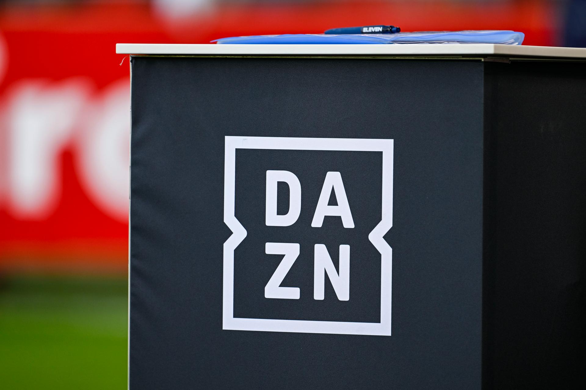 a DAZN logo pictured at a soccer match between Royal Antwerp FC and Royale Union Saint-Gilloise, Friday 25 July 2025 in Brussels, on day 1 of the 2025-2026 'Jupiler Pro League' first division of the Belgian championship. BELGA PHOTO TOM GOYVAERTS