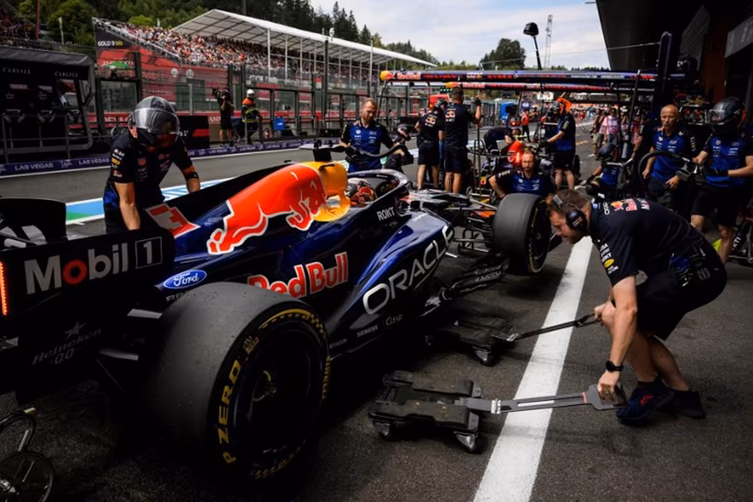 Red Bull Racing's Dutch driver Max Verstappen makes a pit stop as he takes part in the first practice session at the Spa-Francorchamps circuit, in Spa, ahead of the Formula One Belgian Grand Prix, on July 17, 2026. JOHN THYS / AFP