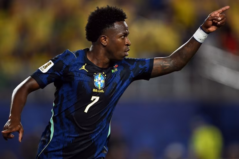 Brazil's forward #07 Vinicius Junior celebrates scoring his team's third goal during the 2026 World Cup Group C football match between Brazil and Haiti at the Philadelphia Stadium in Philadelphia on June 19, 2026. Mauro PIMENTEL / AFP