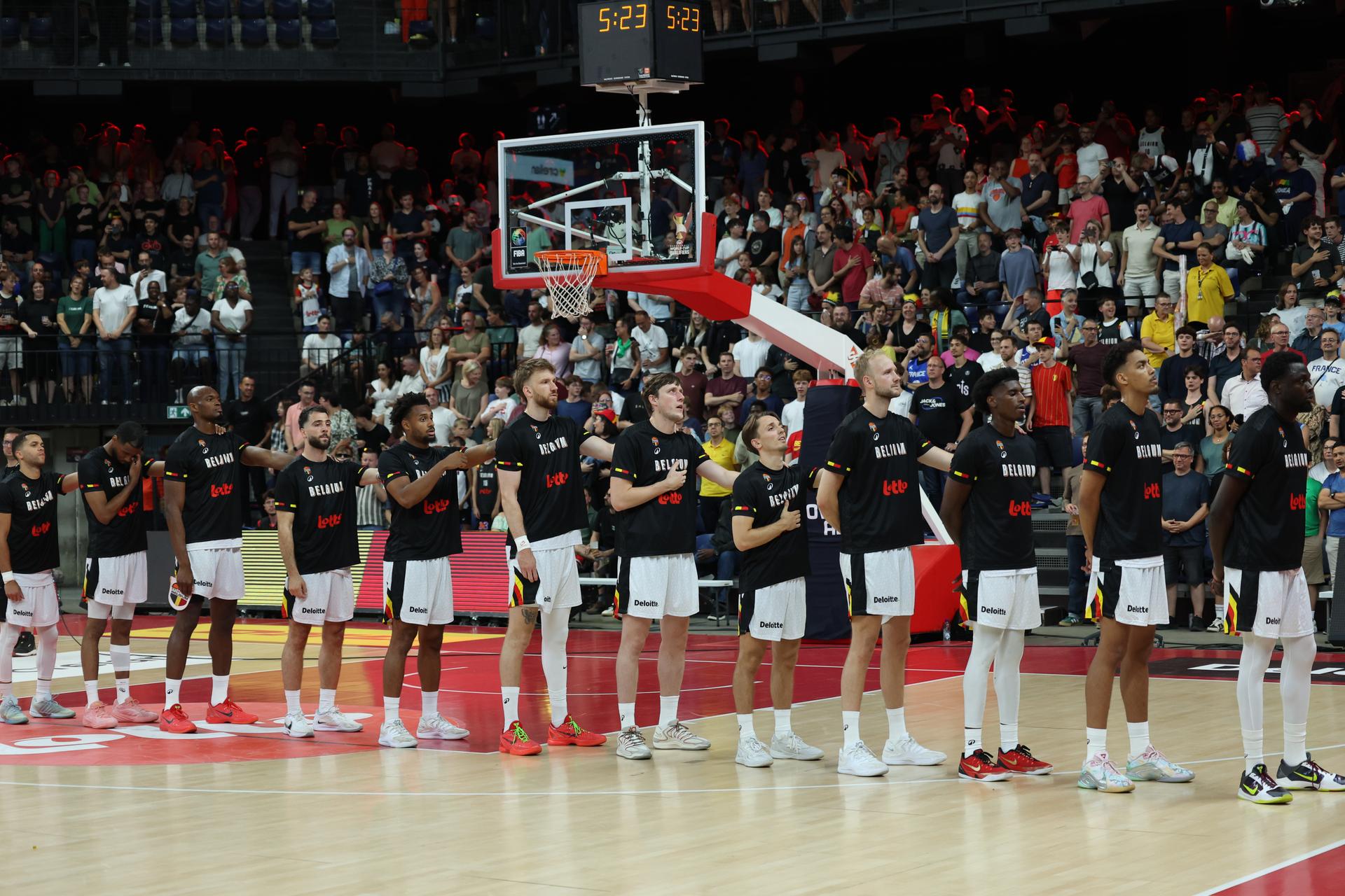 Belgium's players pictured at the start of a basketball match between Belgian national team Belgian Lions and France, Friday 03 July 2026 in Antwerp, qualifier 5/6 for the men's 2027 FIBA World Championships. BELGA PHOTO VIRGINIE LEFOUR