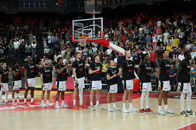 Belgium's players pictured at the start of a basketball match between Belgian national team Belgian Lions and France, Friday 03 July 2026 in Antwerp, qualifier 5/6 for the men's 2027 FIBA World Championships. BELGA PHOTO VIRGINIE LEFOUR