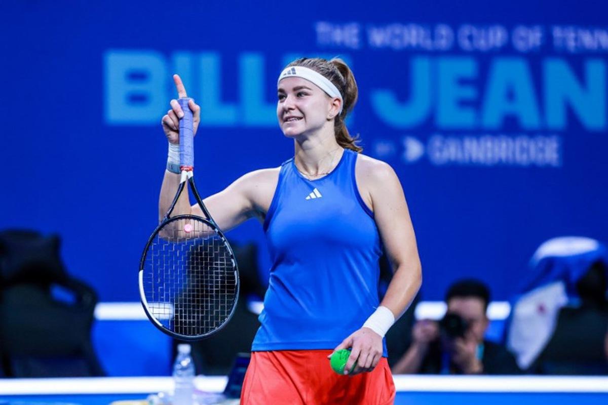 Czech Republic's Karolina Muchova reacts after beating Spain's Jessica Bouzas Maneiro in their women's singles semi-final match at the Billie Jean King Cup tennis tournament in Shenzhen, in China's southern Guangdong province on September 25, 2026. CN-STR / AFP