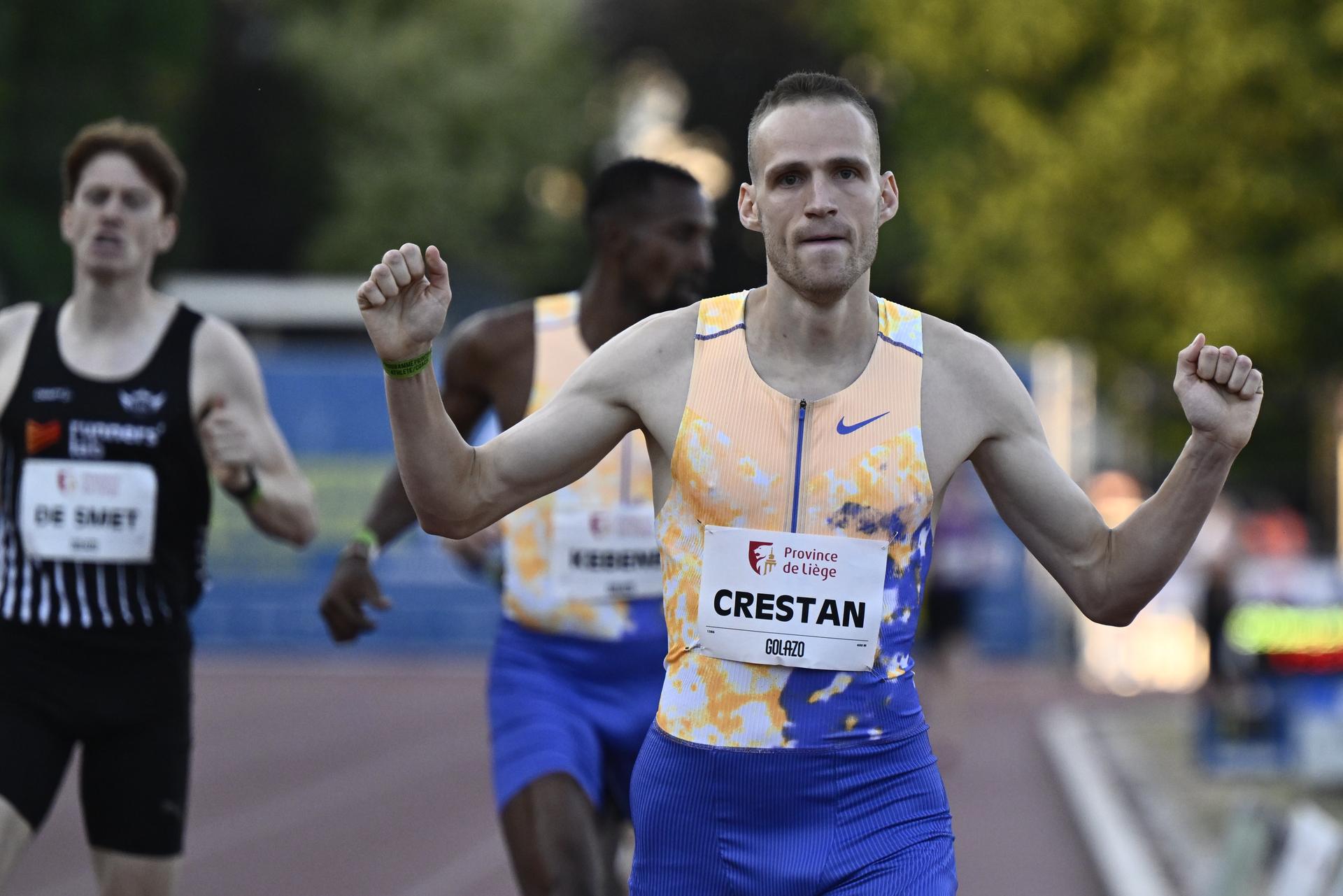Belgian Eliott Crestan and pictured in action during the 2026 edition of the 'Meeting International d'Athletisme de la Province de Liege' athletics event in Liege, Wednesday 15 July 2026. BELGA PHOTO ERIC LALMAND