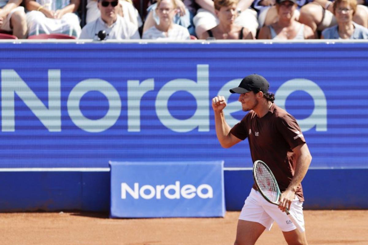 Italy's Luciano Darderi reacts as he plays against Netherlands' Jesper de Jong (not pictured) during the men's singles final match of the ATP Nordea Open tennis tournament in Bastad, Sweden, on July 20, 2025. Bjorn LARSSON ROSVALL / TT News Agency / AFP