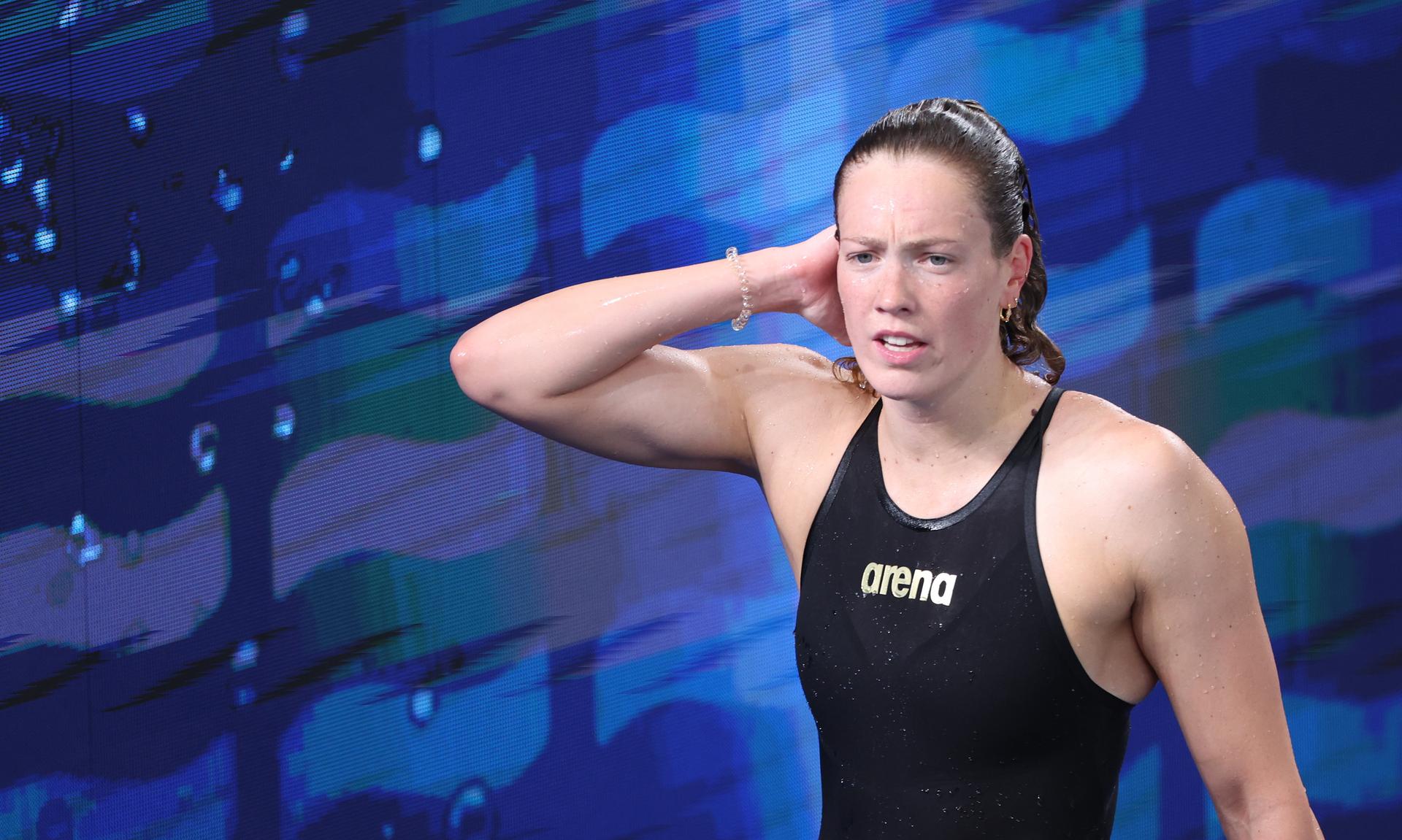Belgian Florine Gaspard pictured after the semifinals of the Women's 100m breaststroke event at the European Aquatics Championships in Paris, France on Tuesday 11 August 2026. BELGA PHOTO VIRGINIE LEFOUR