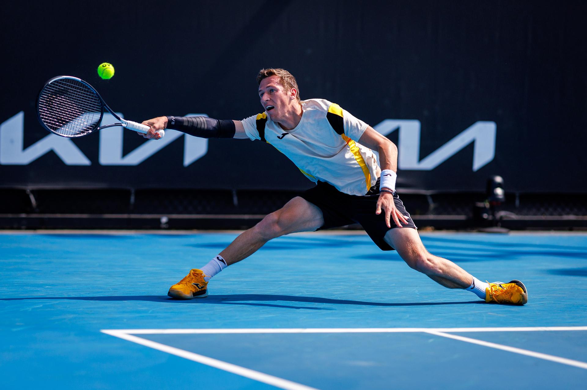 Belgium's Kimmer Coppejans pictured in action during a third round qualifying match in the men's singles against USA's Svajda at the Australian Open, Melbourne Park, Melbourne on Thursday 15 January 2026. BELGA PHOTO PATRICK HAMILTON --- BENELUX ONLY ---