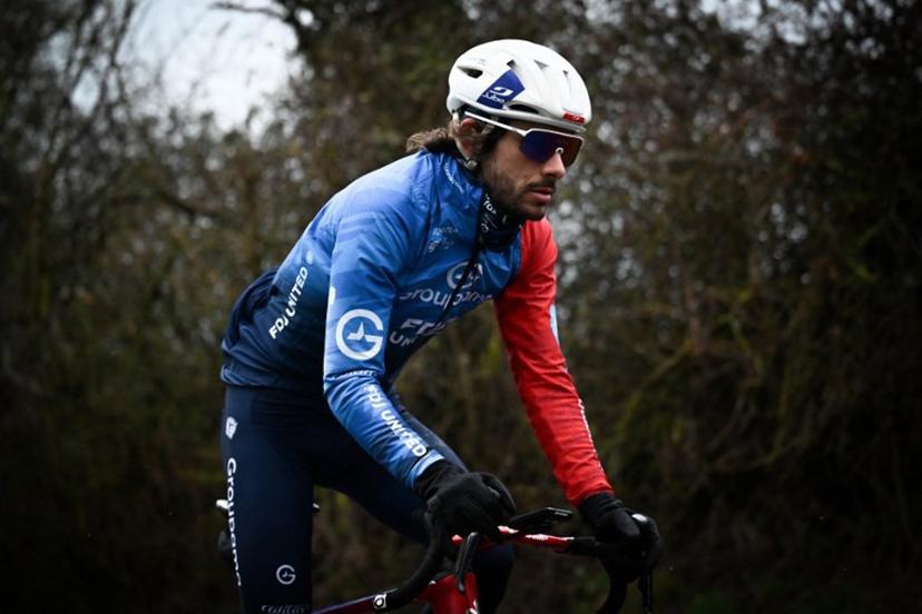 Groupama-FDJ's French cyclist Guillaume Martin-Guyonnet rides during a training session in Putot-en-Auge, north-western france on February 19, 2026. French cyclist Guillaume Martin Guyonnet was the best climber in the 2020 Tour of Spain, came third in the Criterium du Dauphine the same year, and finished eighth in the 2021 Tour de France. He is also the author of several books on philosophy and its application to sport. Lou BENOIST / AFP