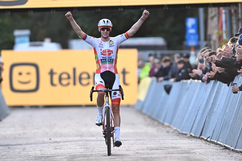 Belgium's Michael Vanthourenhout pictured crossing the finish line after winning the men's elite race of the Superprestige Overijse cyclocross cycling event, Sunday 25 October 2026 in Overijse, the first race of the Superprestige competition. BELGA PHOTO DAVID PINTENS
