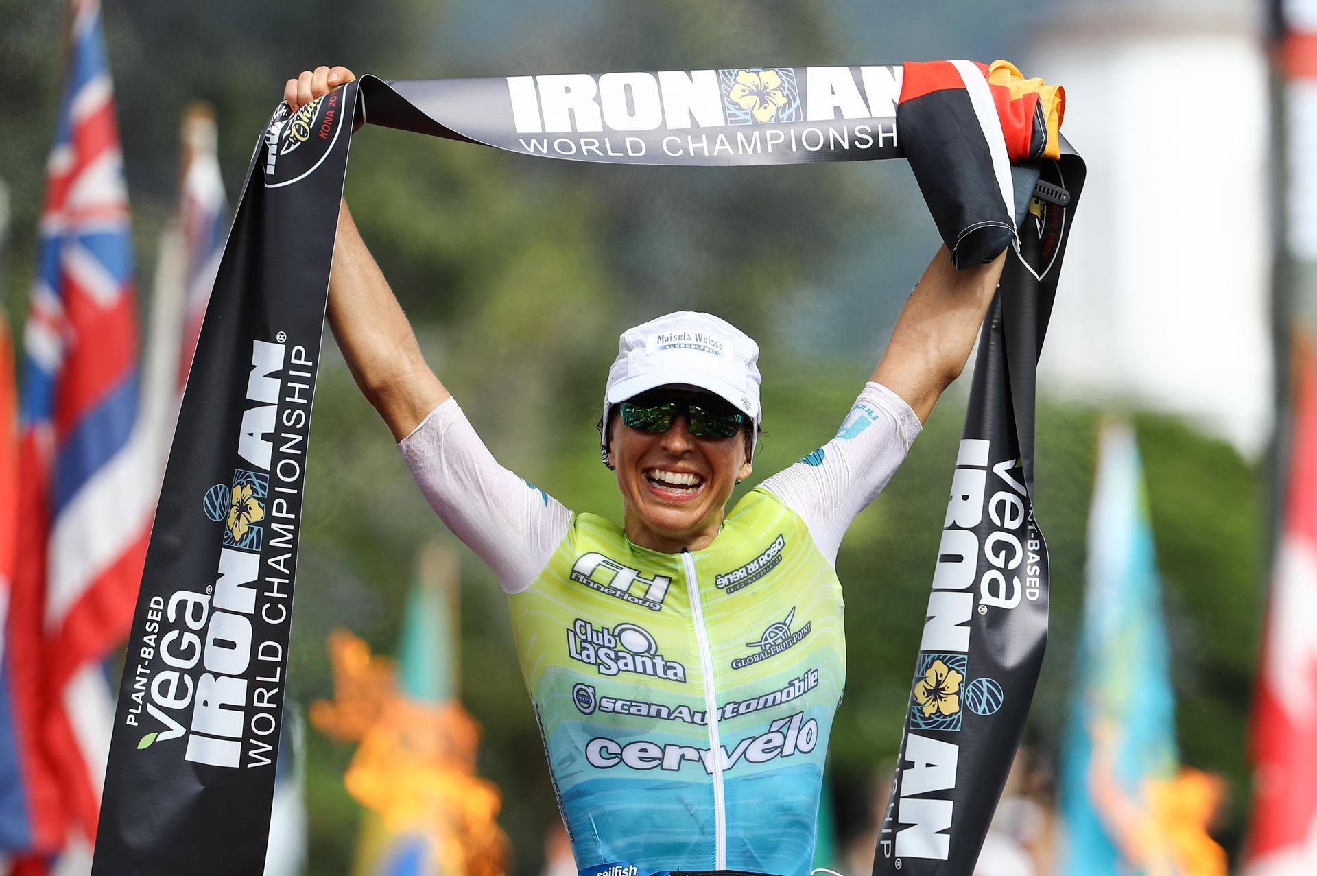 British Anna Haug crosses the finish line to win the Hawaii Ironman triathlon race, Saturday 12 October 2019, in Kailua, Kona, Hawaii, USA. BELGA PHOTO DAVID PINTENS